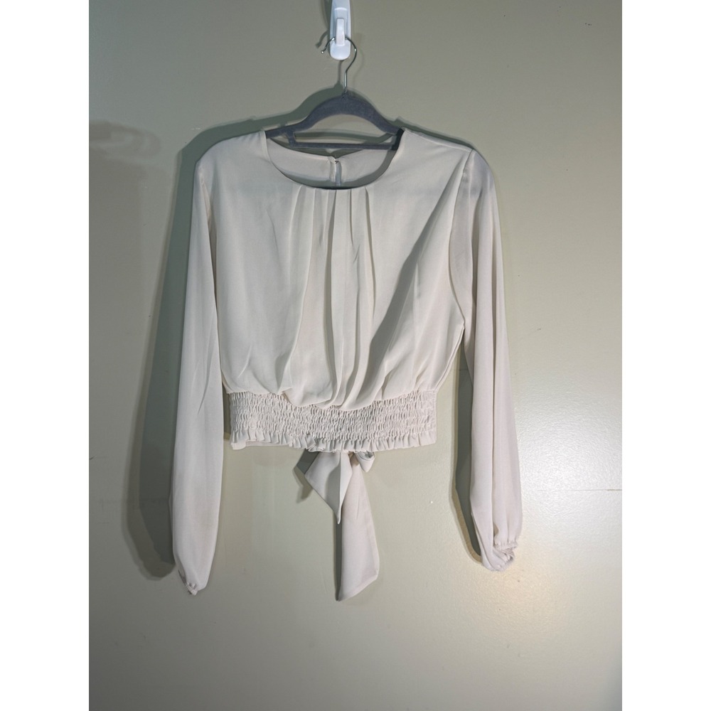 Cream Long Sleeve Smocked Waist Tie Back Crop Top Blouse Off White Pleated Neck